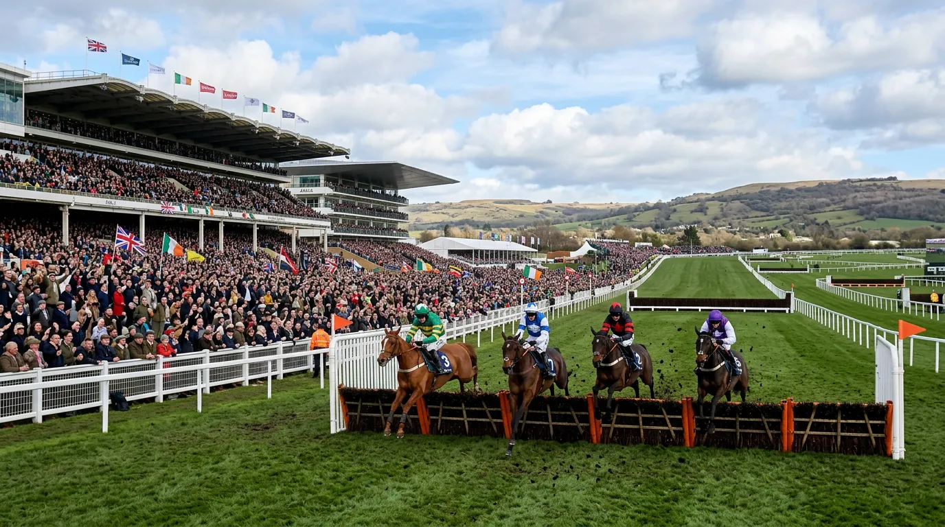 Packed grandstand and vibrant atmosphere at Cheltenham Festival with horses jumping the final fence on the racecourse
