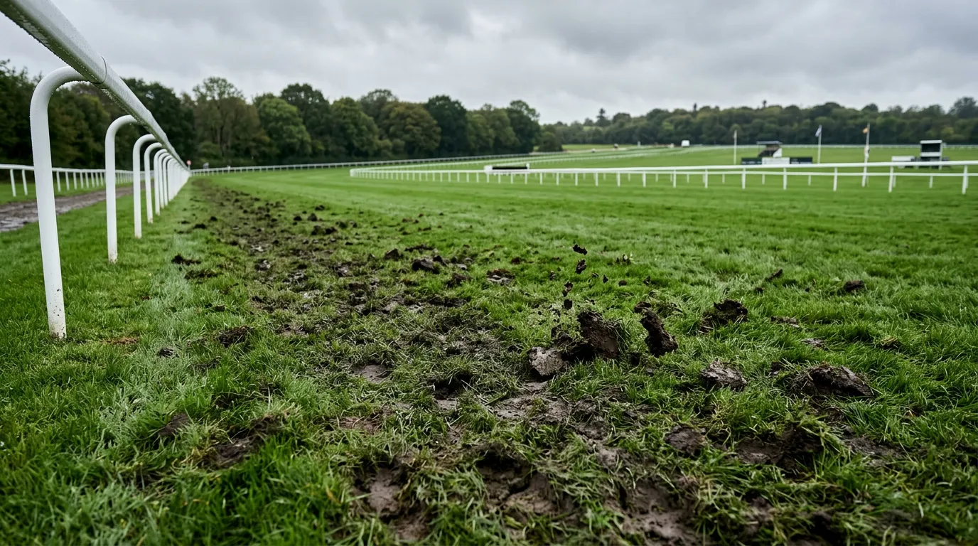 Close-up view of soft turf ground at a UK racecourse with fresh divots showing the impact of going conditions