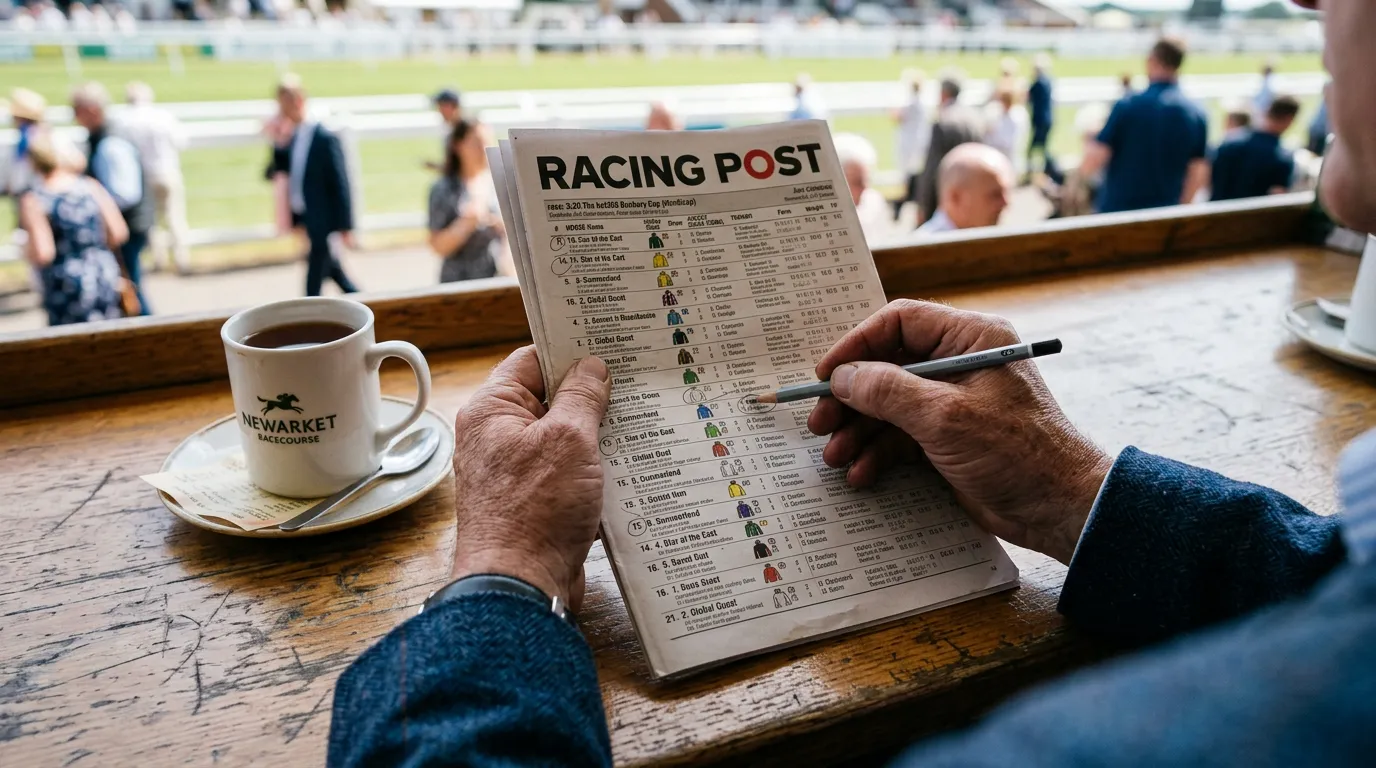 Punter studying a detailed horse racing form guide and racecard at a British racecourse on a sunny day