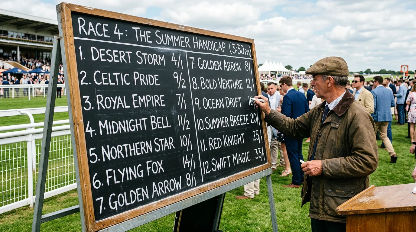 Bookmaker odds board at a UK racecourse displaying fractional prices for multiple runners in a handicap race
