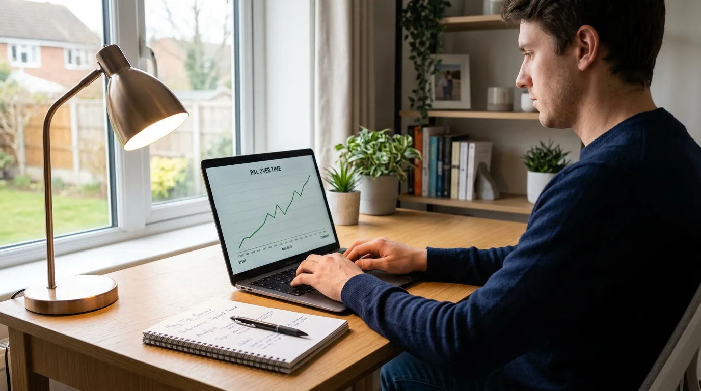 Professional analyst reviewing a horse racing tipster profit and loss spreadsheet on a laptop screen