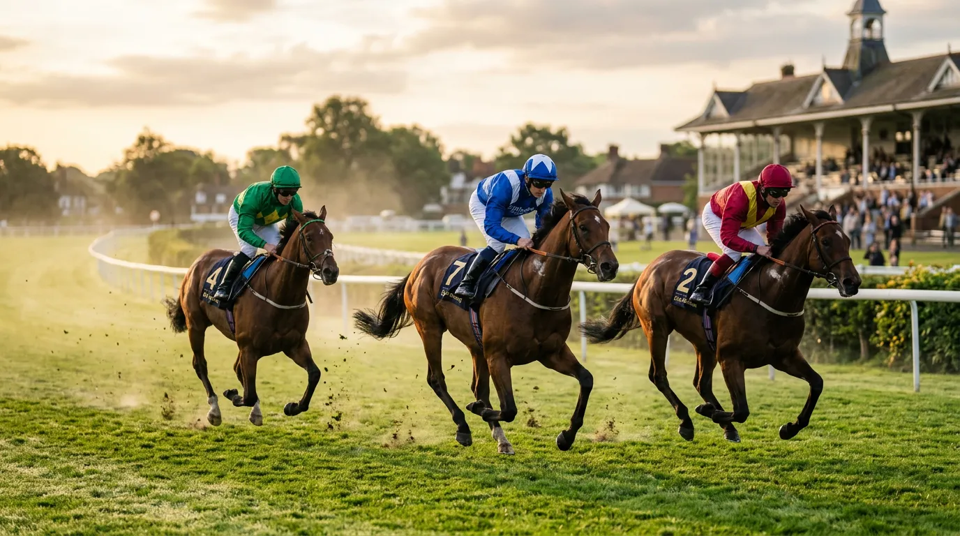 Thoroughbred racehorses galloping down a lush green turf track in morning light at a UK racecourse