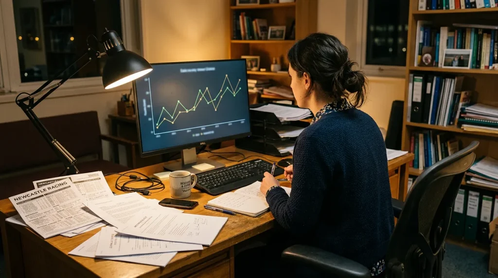 Researcher reviewing horse racing data on a large monitor with printed racecards on the desk