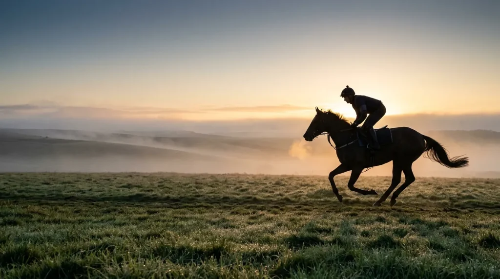 A racehorse training on misty morning gallops symbolising early ante-post preparation