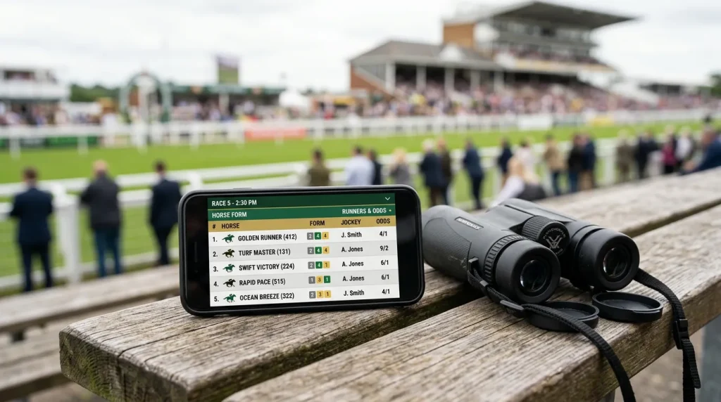 Smartphone displaying horse racing form data and live odds on a racecourse bench