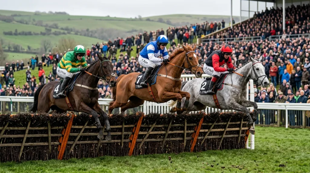 Horses jumping a hurdle at Cheltenham racecourse with the famous Cotswold hills behind