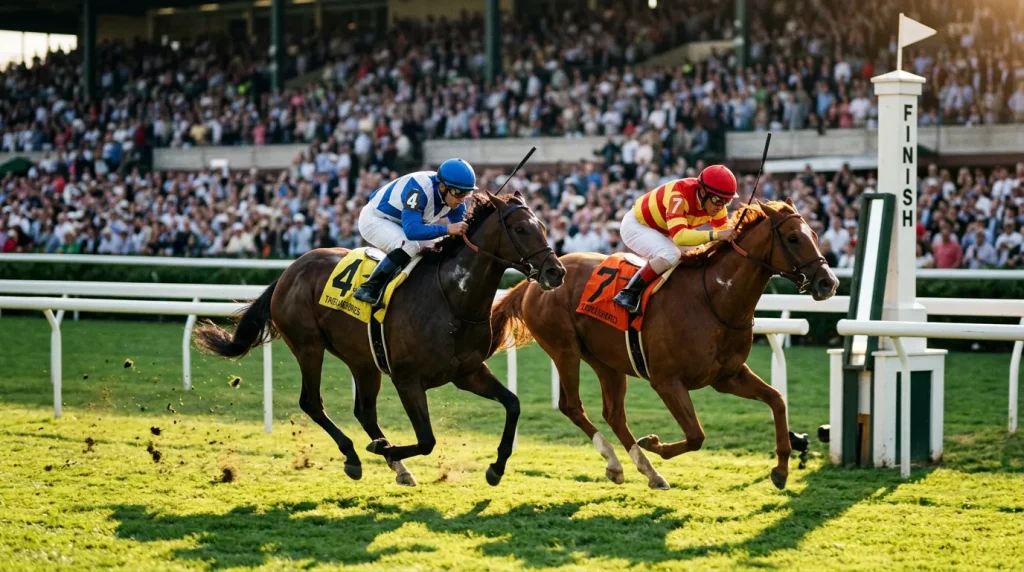 Horse racing finish line with two horses neck and neck illustrating each-way betting