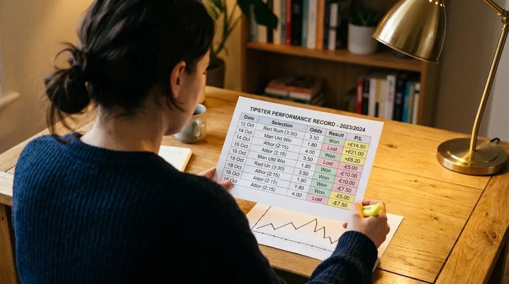 Punter reviewing tipster profit-and-loss records on paper at a desk