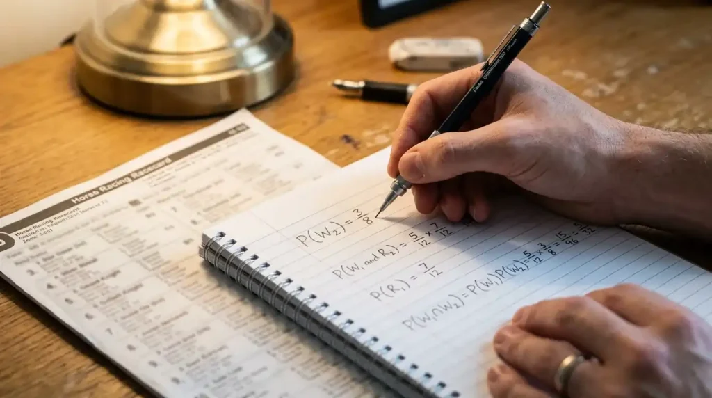 Person writing mathematical expected value calculations in a notebook beside a racecard
