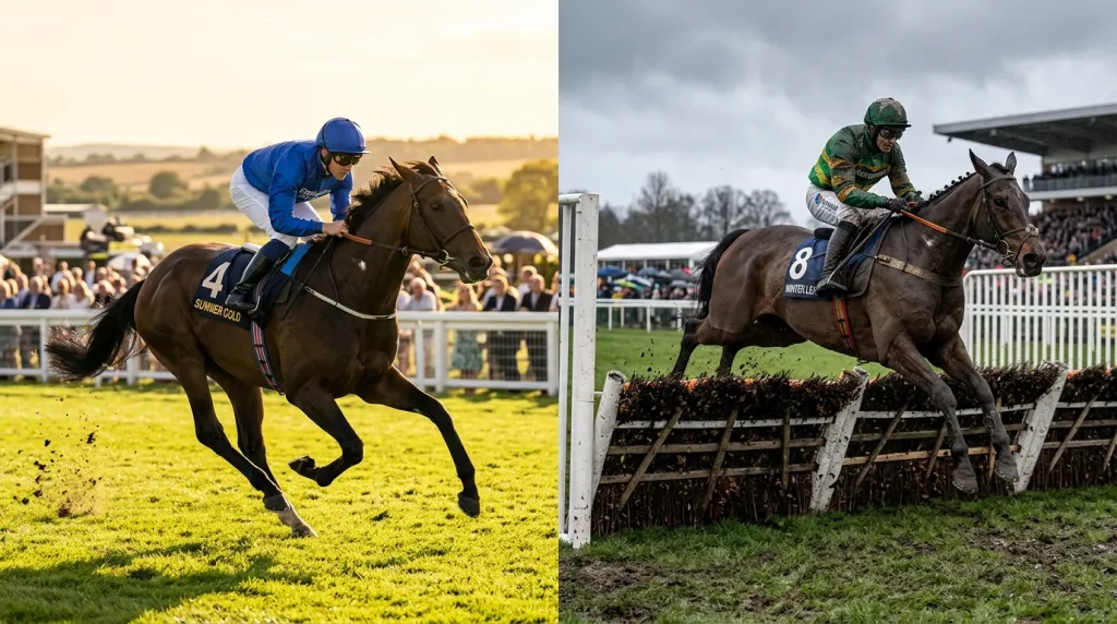 Split scene showing a flat racehorse sprinting on firm turf and a jumper clearing a hurdle on soft ground
