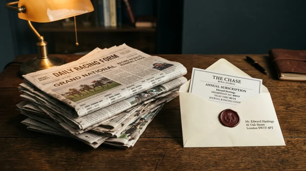 Two stacks of horse racing newspapers and a subscription envelope comparing free and paid tips