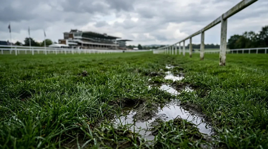 Soft ground on a UK racecourse after rain with hoof prints in the turf
