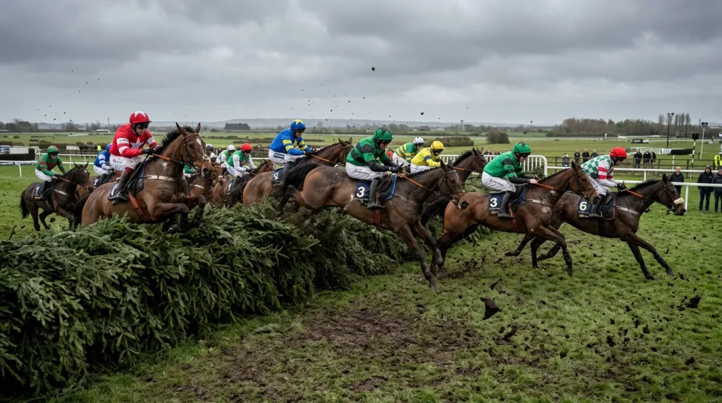 Large field of horses jumping a distinctive spruce fence during a steeplechase at Aintree