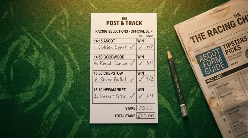 Betting slip with multiple horse racing selections representing an accumulator bet