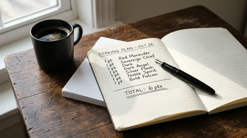 Notebook with a staking plan and a pen on a wooden desk