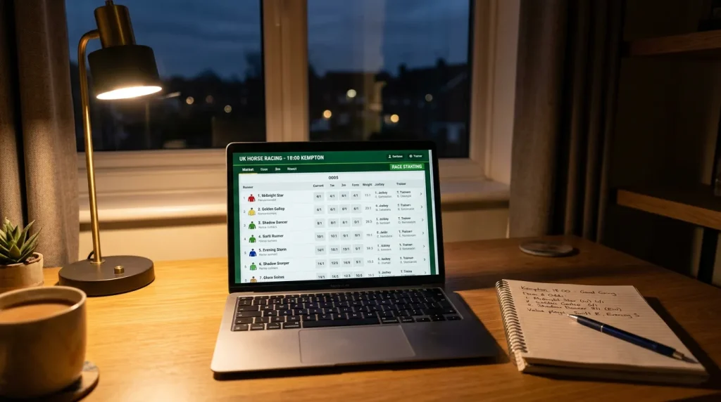 Laptop open on a desk showing a horse racing betting market with a notepad beside it