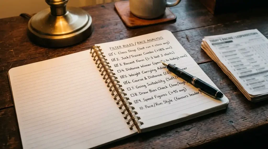 Notebook with a checklist of horse racing system filter rules beside a pen