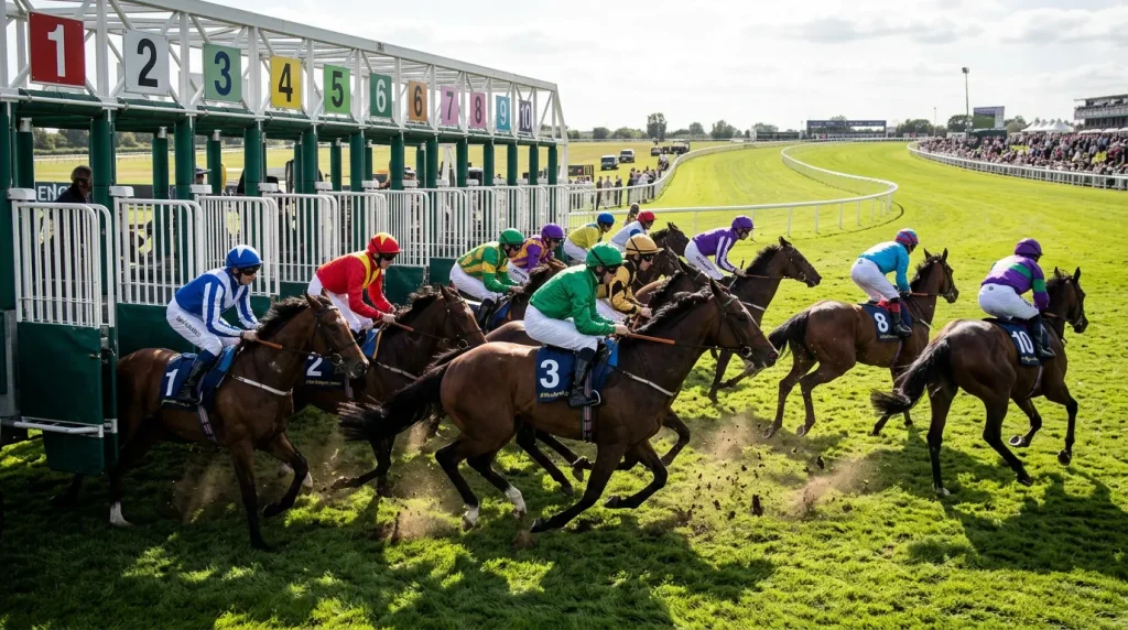 Starting stalls opening at a flat racecourse with horses breaking on a curved track