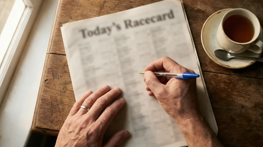 Horse racing form guide with racecard columns and ratings