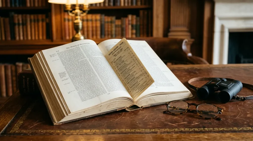 Open reference book on horse racing terminology beside a racecard and binoculars