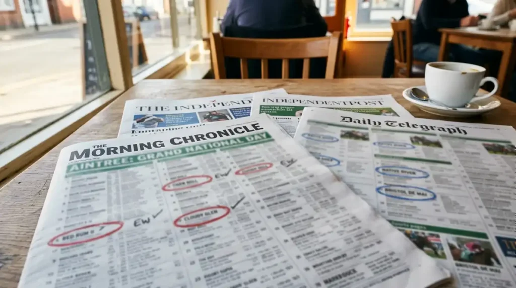 Stack of British newspapers open on the horse racing tips pages showing daily nap selections