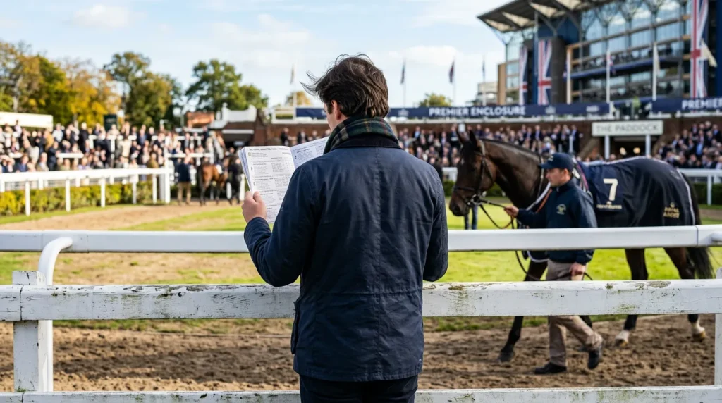 A newcomer at a British racecourse holding a racecard and looking at the paddock