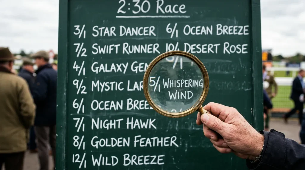 Magnifying glass over a horse racing odds board highlighting a value bet opportunity