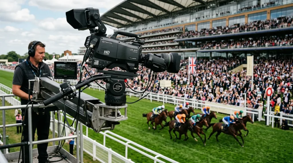 Television camera filming a horse race at a packed British racecourse