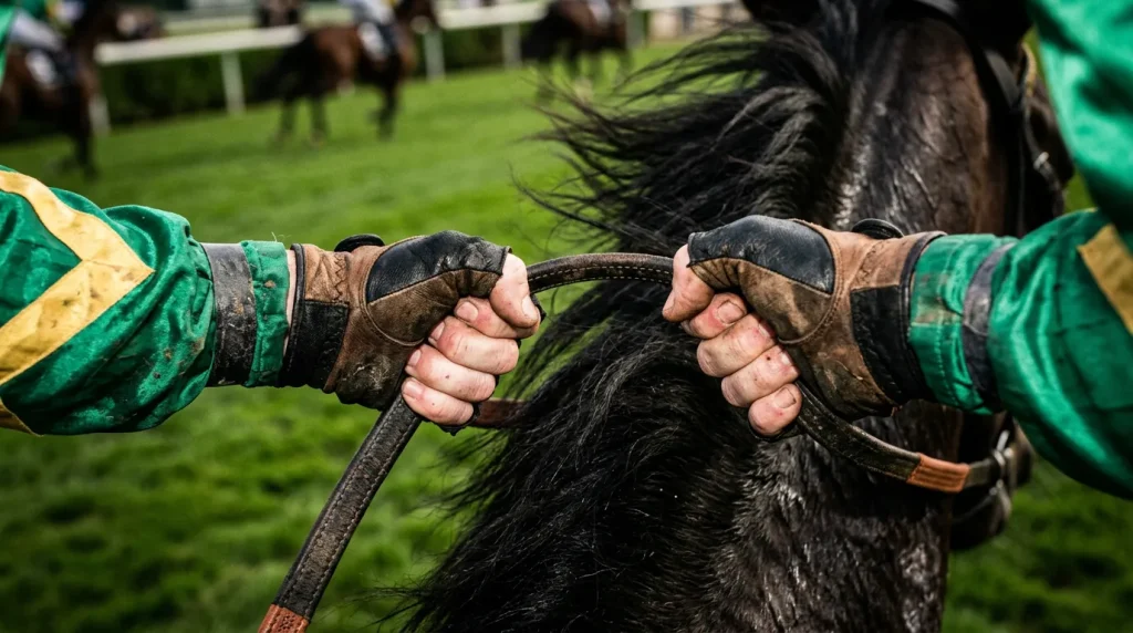 Close-up of a jockey in colourful silks gripping the reins during a horse race
