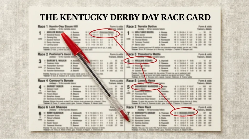 Four horse racing selections circled on a racecard representing a Lucky 15 bet