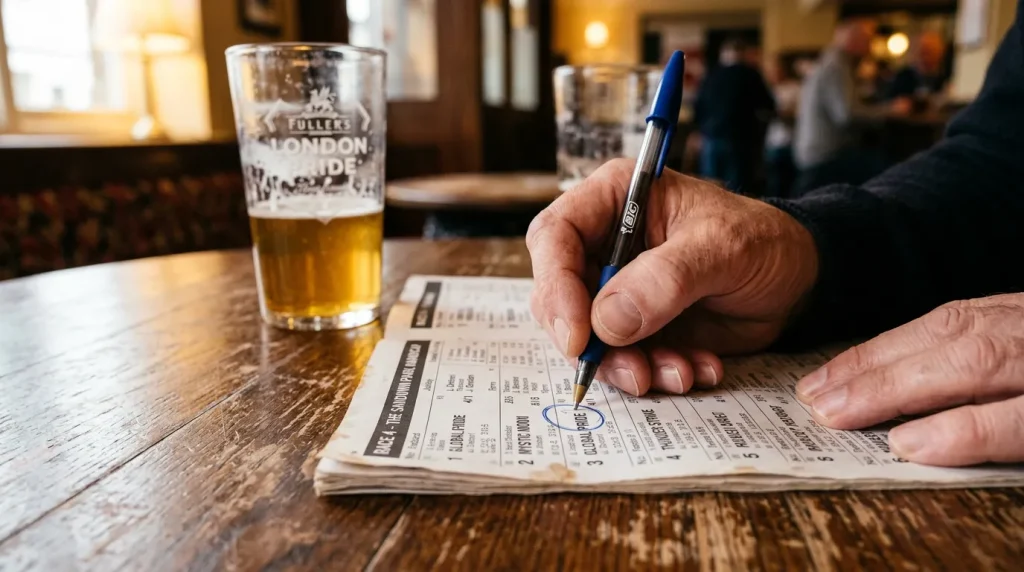 Newspaper tipster circling a horse racing NAP selection with a pen