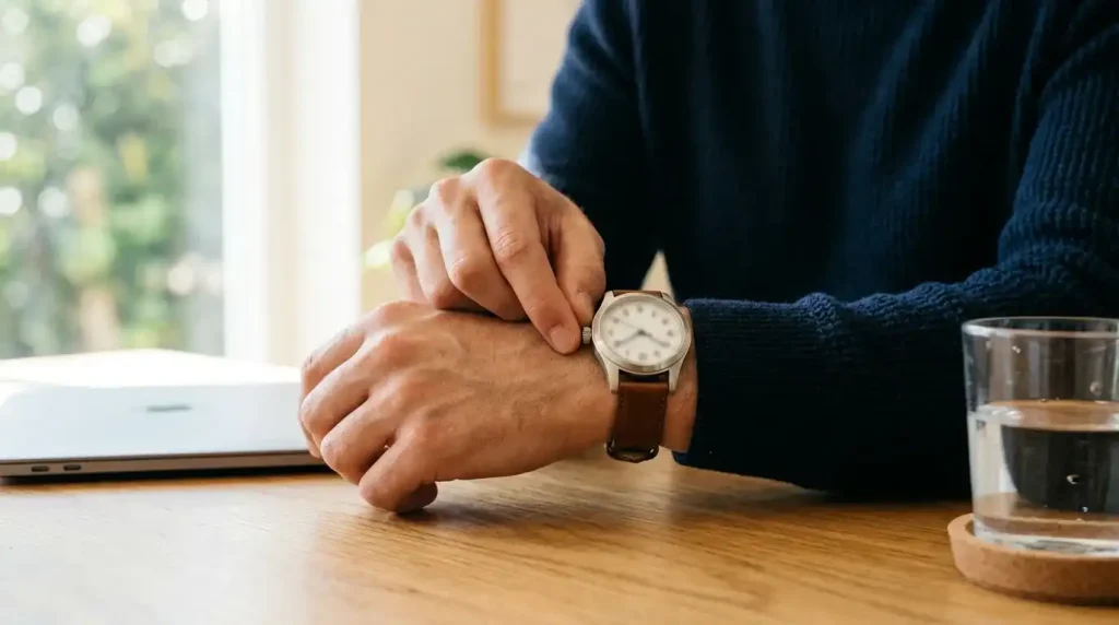 Person calmly setting a session time limit on a watch before horse racing betting