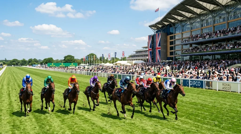 Racehorses thundering down the straight course at Royal Ascot on a sunny June afternoon