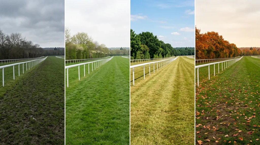 Four-season view of a British racecourse showing changing turf conditions through the year