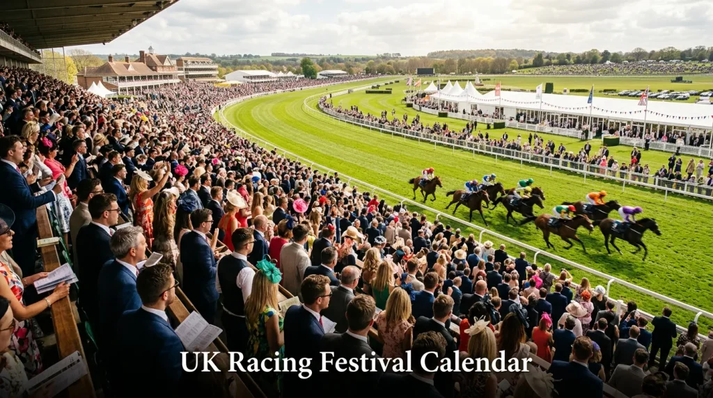 Crowd at a major UK horse racing festival with grandstand and green turf